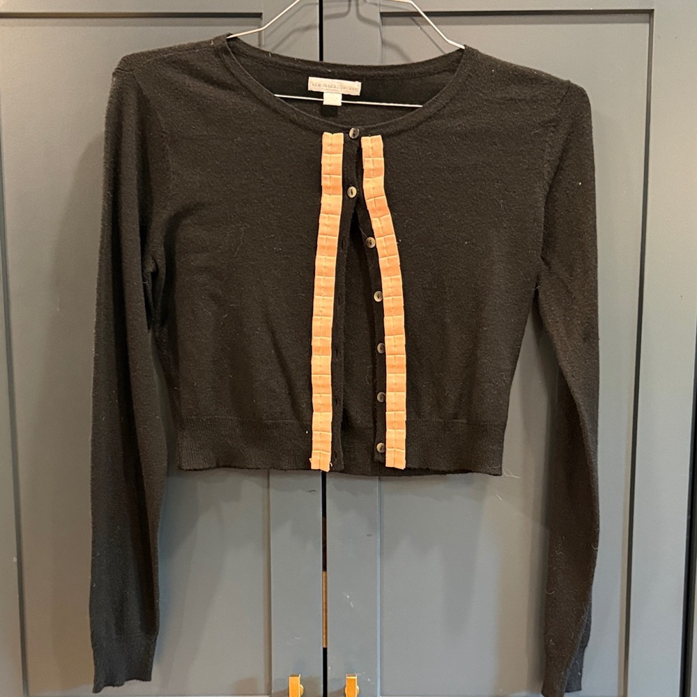 New York & Company Black Cropped Cardigan with Peach Trim